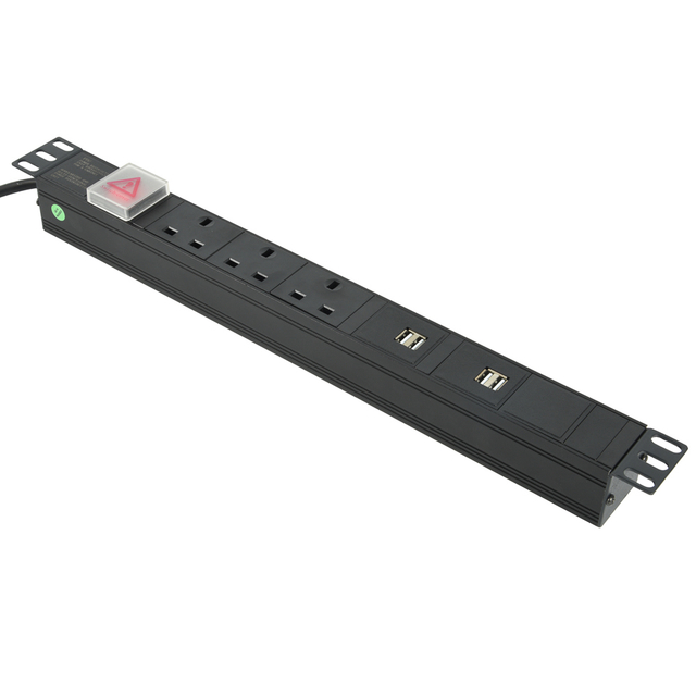1U Rack PDU with 3-way UK Sockets & Integrated USB Charging Ports