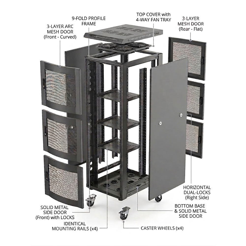 ตู้แร็คเซิร์ฟเวอร์ 3 ช่อง 42U 800x1000 | ตู้เครือข่ายสำหรับงานหนักโปรไฟล์ 9 พับพร้อมประตูตาข่าย ARC 