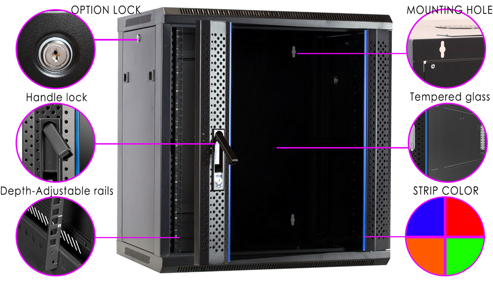 flat pack glass door wall mount data cabinet with blue strip