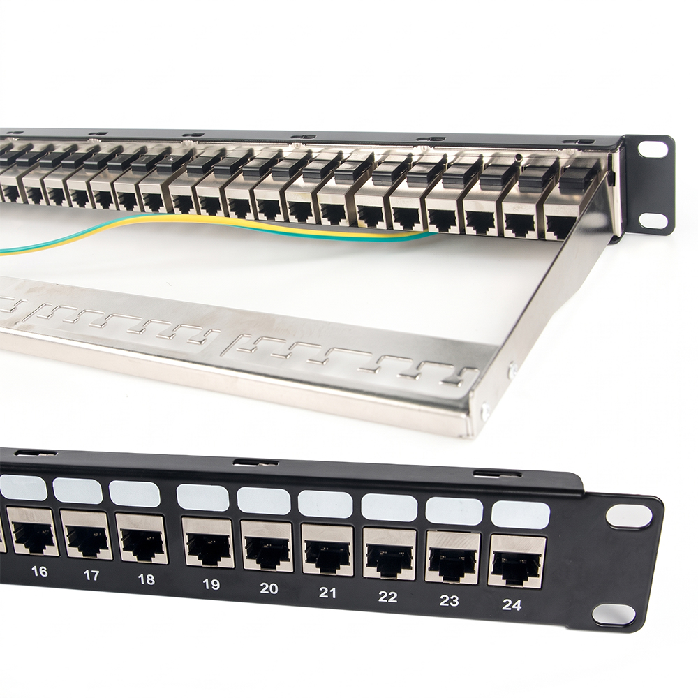 24-Port 1U Cat6A STP Feed-Through Patch Panel | 19" Shielded RJ45 Inline Coupler Panel - WebiT