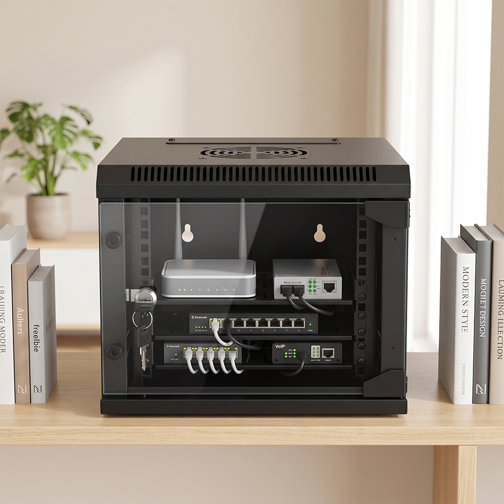 10-Inch Wall Mount Network Cabinet – Compact SOHO Mini Server Rack Enclosure with Toughened Glass Door & Removable Side Panels (RAL9005 Black)