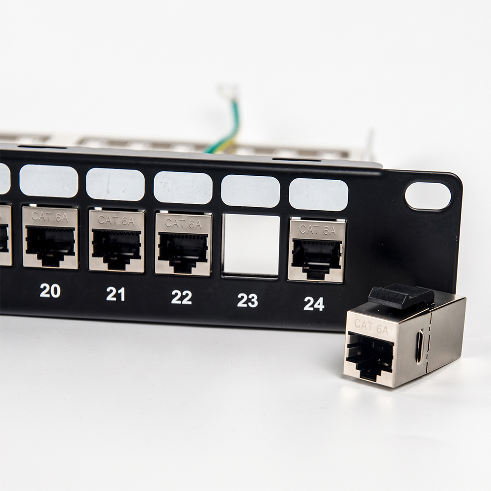 24-Port 1U Cat6A STP Feed-Through Patch Panel | 19" Shielded RJ45 Inline Coupler Panel - WebiT