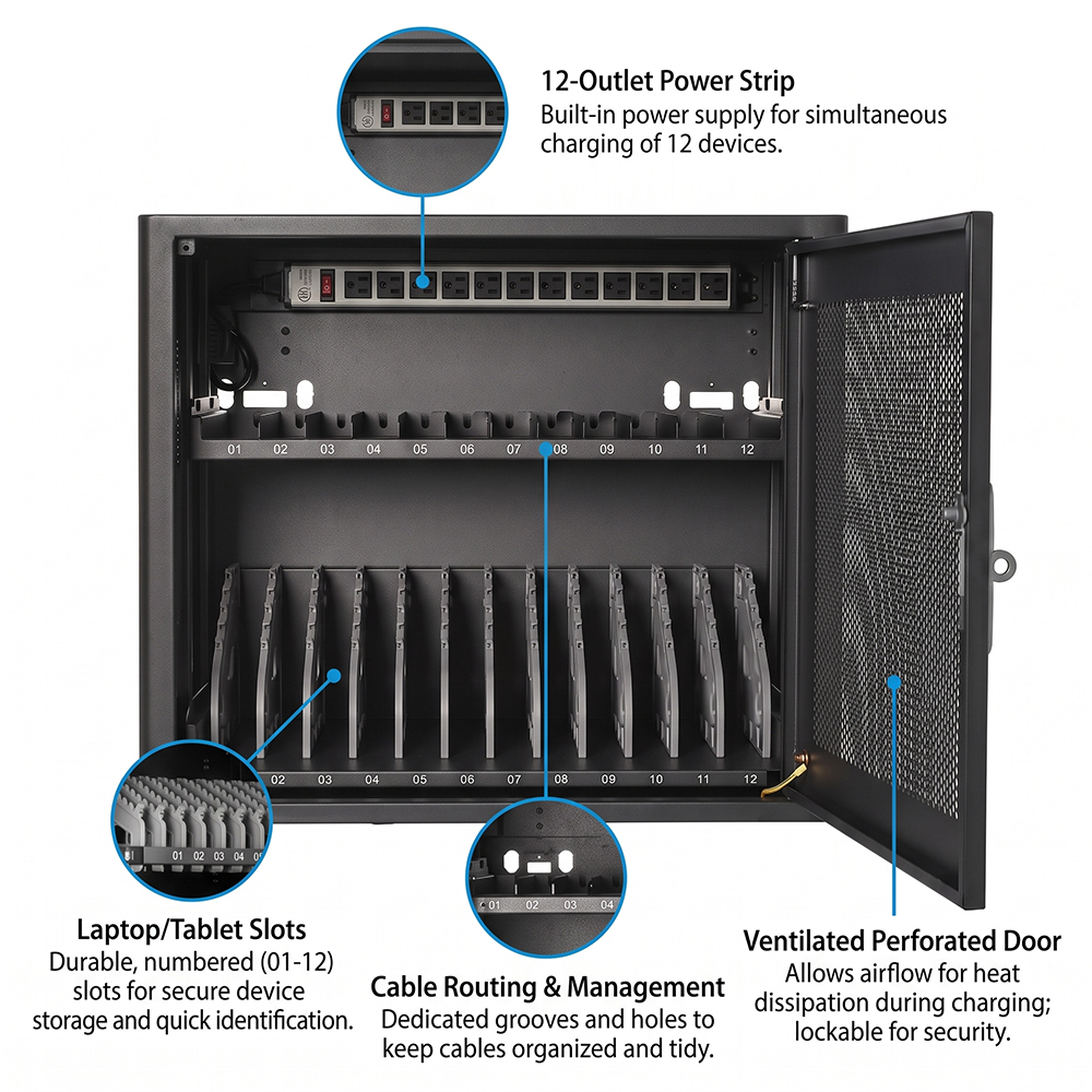 12-Device Charging Cabinet Mini Size for Laptop & Chromebook 110/220V AC | WebiT WB-CC-XS
