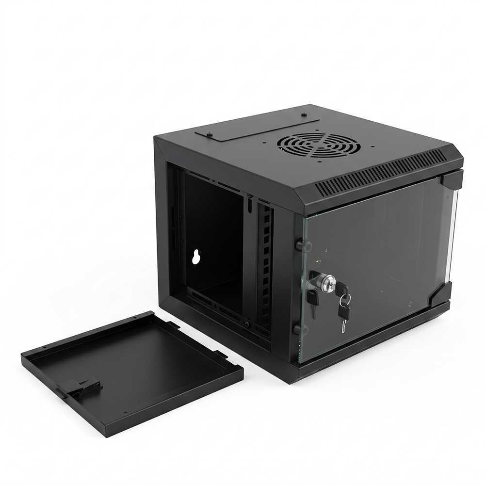 10-Inch Wall Mount Network Cabinet – Compact SOHO Mini Server Rack Enclosure with Toughened Glass Door & Removable Side Panels (RAL9005 Black)