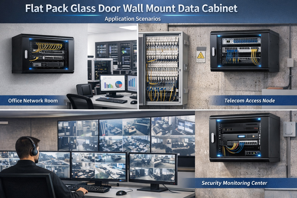 flat pack glass door wall mount data cabinet with blue strip